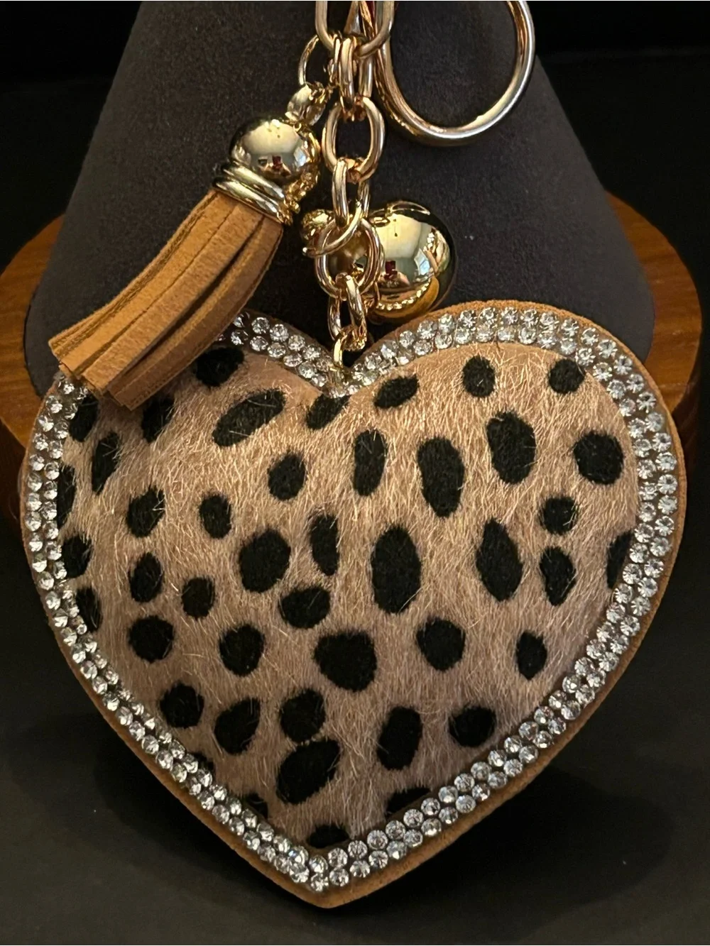 PREMIUM Puffy Cheetah Heart Bag Charm Keychain w/Tan Tassel & Gold Hardware